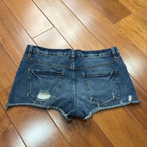 FP Free People Womens Jean Shorts Button Fly Distressed Raw Hem Blue Denim Sz 27 - Picture 3 of 8